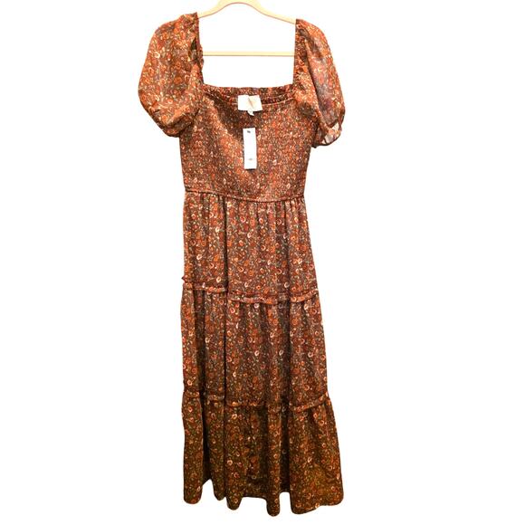 Francesca's AUDREY PARIS Smocked Brown Floral Midi Dress Size Medium NWT - Picture 3 of 9
